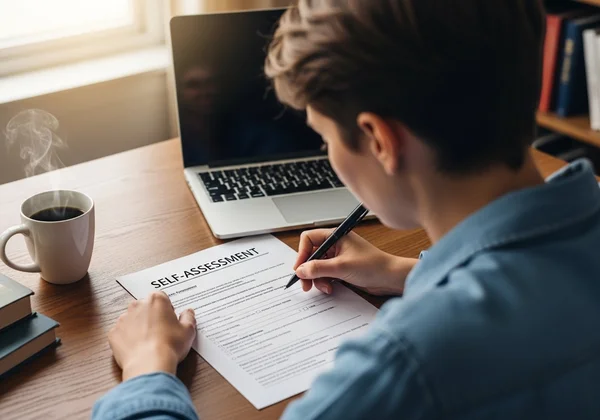 Persona completando un formulario de autoevaluación